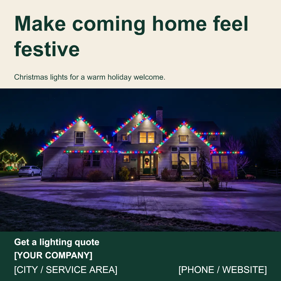 Make coming home feel festive: cream and green Canva ad with colorful Christmas lights